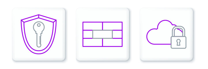 Set line Cloud computing lock, Shield with key and Bricks icon. Vector