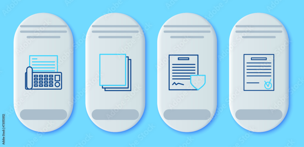 Poster set line clean paper, contract with shield, fax machine and confirmed document and check mark icon. 