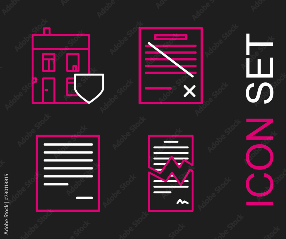 Aufkleber set line torn contract, document, delete file document and house with shield icon. vector