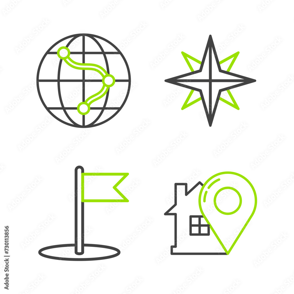 Poster set line map pointer with house, flag, wind rose and monitor and folded map location icon. vector