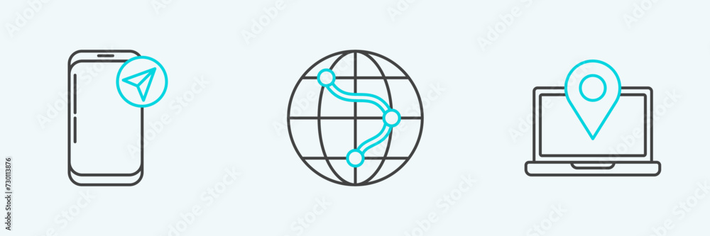 Poster set line laptop with location marker, infographic of city map navigation and monitor and folded icon