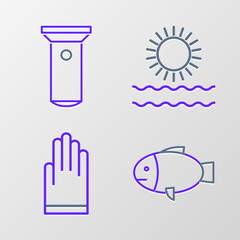 Set line Fish, Gloves, Sun and waves and Flashlight icon. Vector