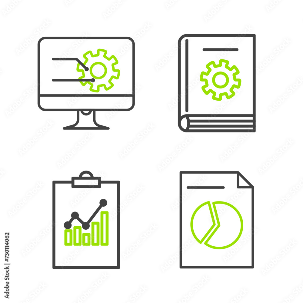 Poster set line document with graph chart, clipboard, user manual and computer monitor icon. vector