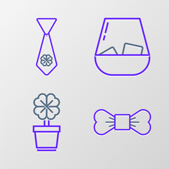 Set line Bow tie, Four leaf clover in pot, Glass of whiskey and Tie with four icon. Vector