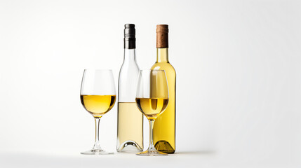 Bottle and two glasses of white wine isolated on white background