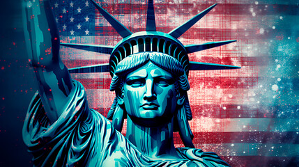a statue of liberty with a red background