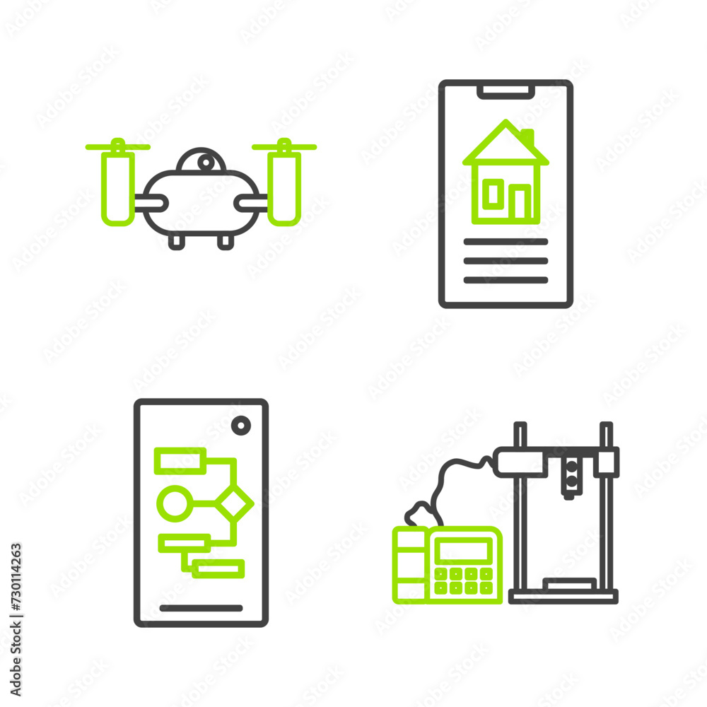 Poster set line 3d printer, algorithm, smart home and drone flying with action camera icon. vector