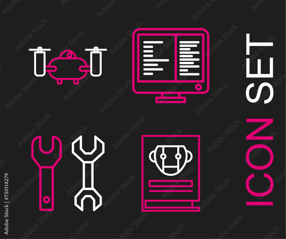 Poster set line user manual, spanner, computer monitor screen and drone flying with action camera icon. vec