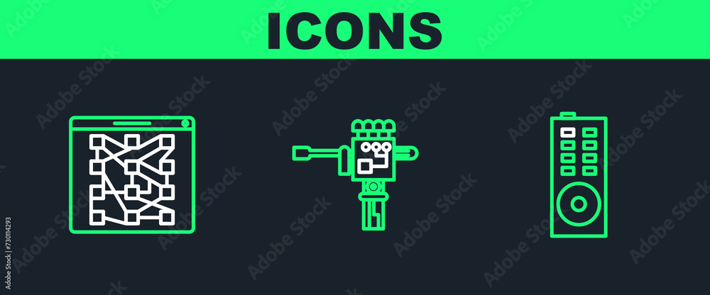 Poster set line remote control, global technology or social network and mechanical robot hand and screwdriv