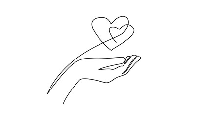 Continuous one line drawing hand holding heart. Charity donation linear symbol template 