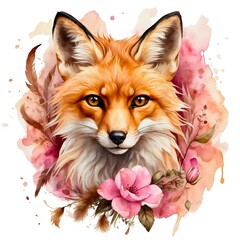 Watercolor illustration portrait of a cute adorable fox with flowers on isolated white background.
