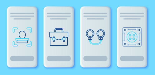 Set line Briefcase, Handcuffs, Face recognition and Safe icon. Vector