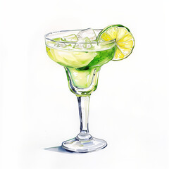 watercolor margarita cocktail drink with lime slice garnish isolated on white background