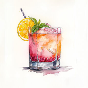 watercolor pomegranate cocktail drink with orange slice and mint garnish, isolated on white background