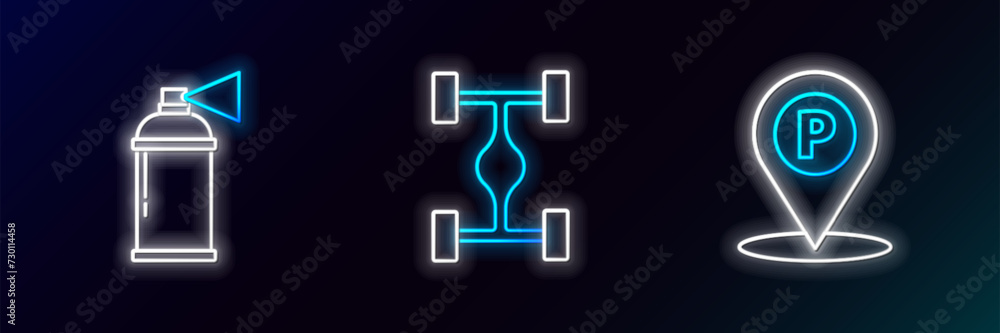 Poster set line location with parking, paint spray can and chassis car icon. glowing neon. vector