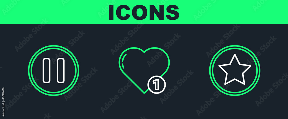 Poster set line star, pause button and like and heart icon. vector