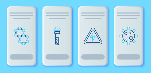 Set line Test tube and flask chemical, High voltage sign, Molecule and Bacteria icon. Vector