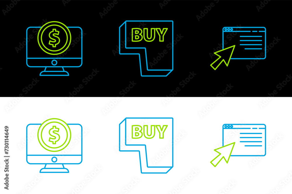 Poster set line online shopping on screen, computer monitor with dollar and buy button icon. vector
