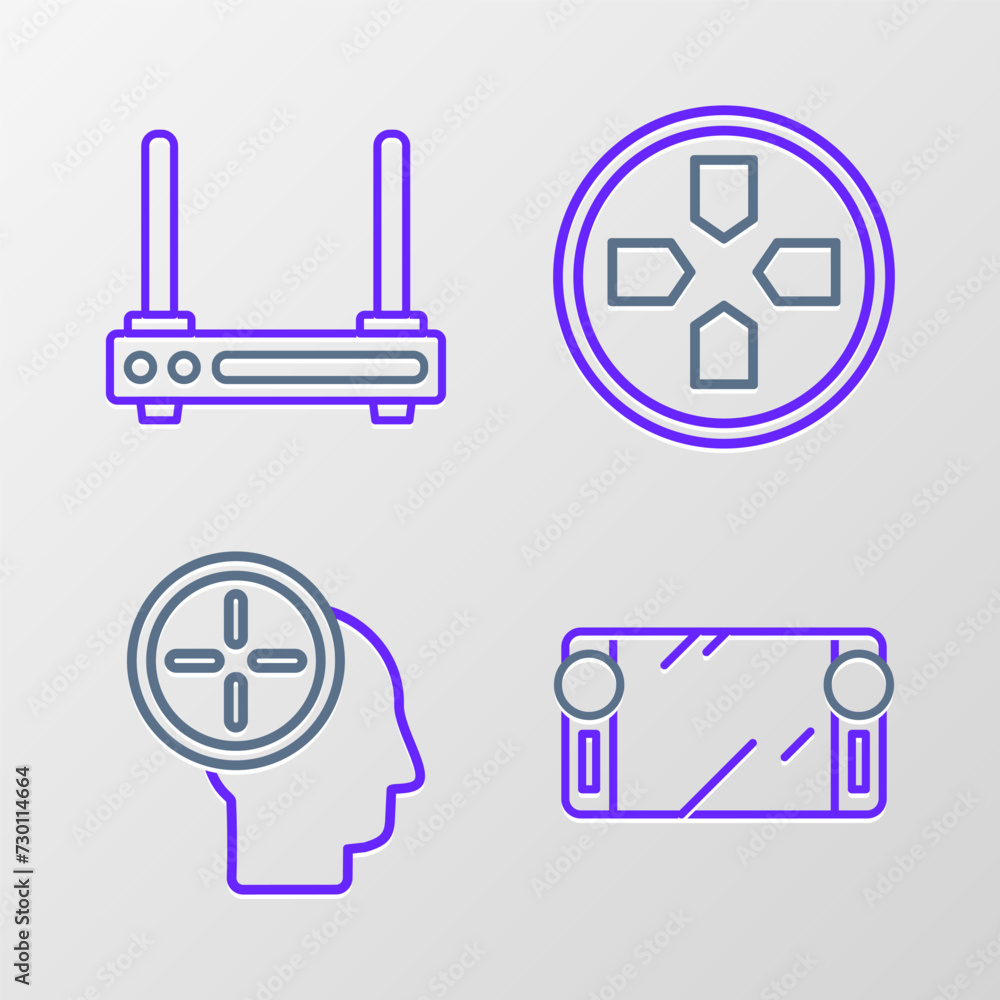 Poster set line portable video game console, head hunting concept, gamepad and router and wi-fi signal icon