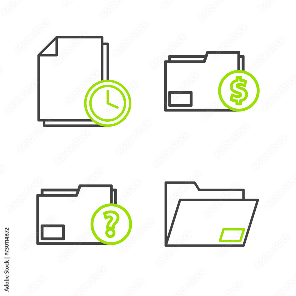 Poster set line document folder, unknown document, finance and with clock icon. vector