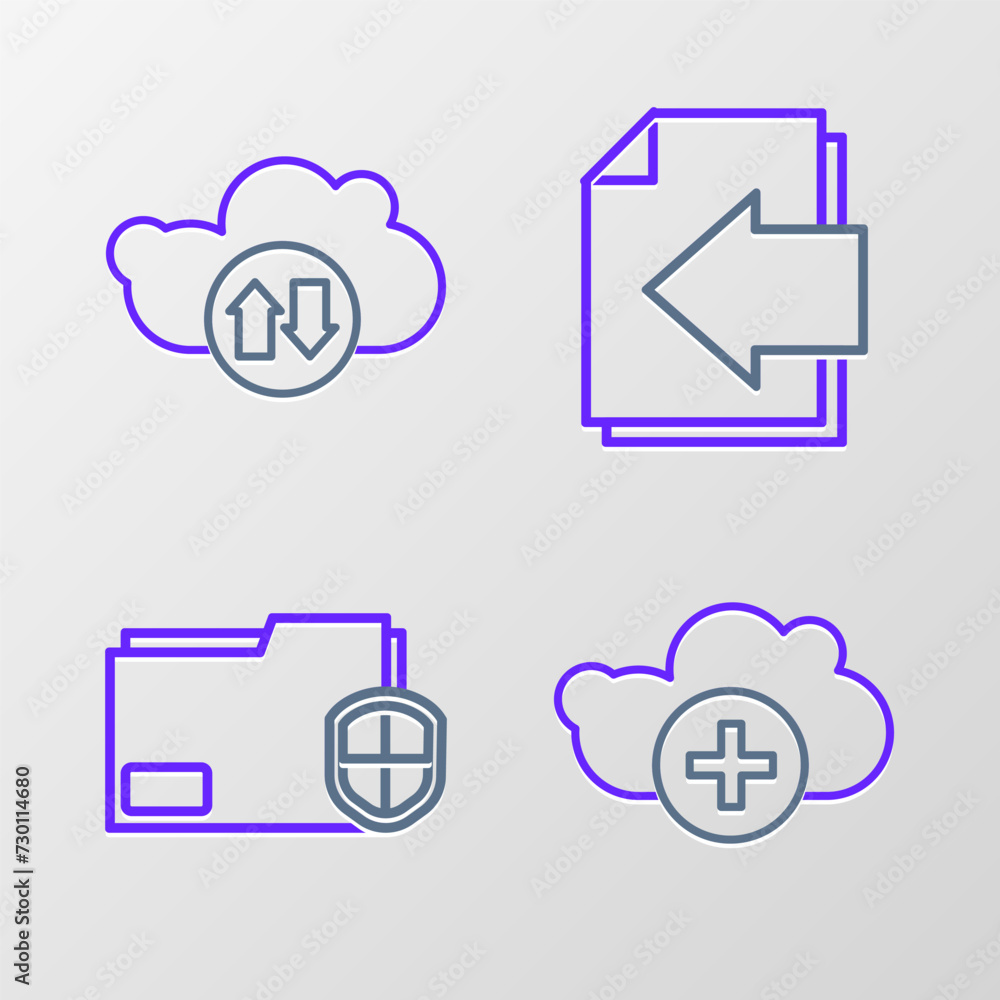 Poster set line add cloud, document folder protection, next page arrow and cloud download and upload icon. 