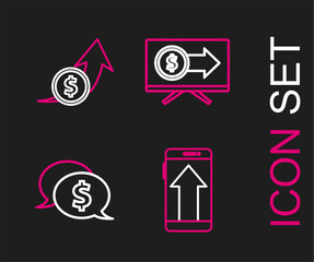 Set line Smartphone, mobile phone, Speech bubble with dollar, Monitor and Financial growth and coin icon. Vector
