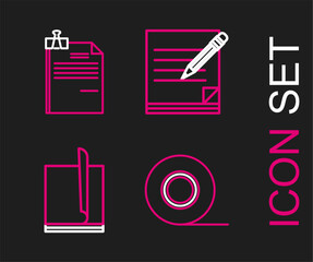 Set line Scotch, File document, Blank notebook and pencil with eraser and binder clip icon. Vector