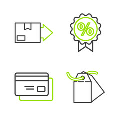 Set line Blank label template price tag, Credit card, Discount percent and Carton cardboard box icon. Vector