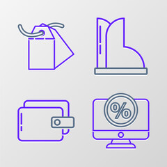 Set line Percent discount and monitor, Wallet, Waterproof rubber boot and Blank label template price tag icon. Vector