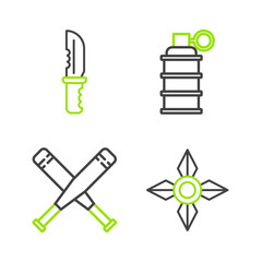 Set line Japanese ninja shuriken, Crossed baseball bat, Hand grenade and Military knife icon. Vector