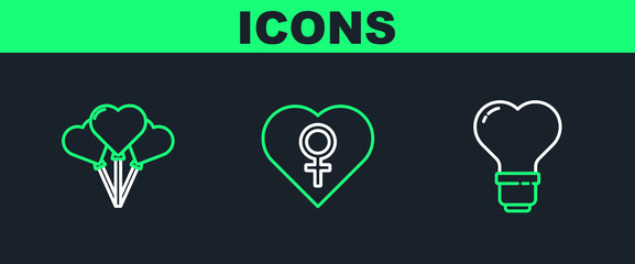 Set line Heart shape in a light bulb, Balloons form of heart and with female gender icon. Vector