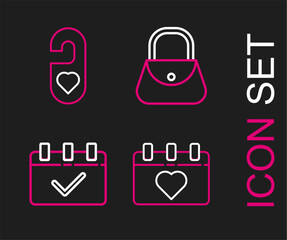 Set line Calendar with 8 March, Handbag and Please do not disturb heart icon. Vector