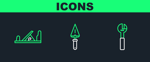 Set line Adjustable wrench, Wood plane tool and Trowel icon. Vector