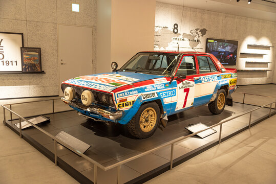 Sunto-gun, Shizuoka, Japan - March 27, 2023: Nissan Violet (achieved three consecutive victories in the "Safari Rally"), Model Year 1981, Country Japan, on display at the Fuji Motorsports Museum