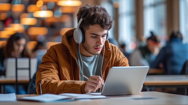 A dedicated student taking notes while listening to an online lecture on his tablet