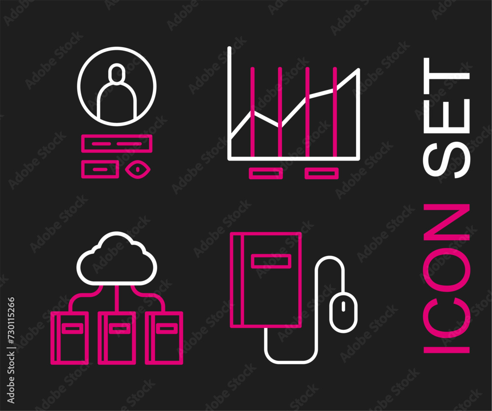 Poster set line electronic book with mouse, cloud or online library, pie chart infographic and create accou
