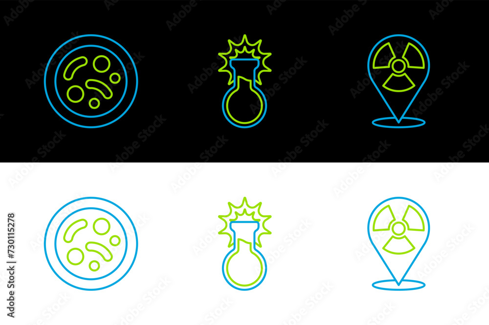 Aufkleber set line radioactive in location, bacteria and test tube and flask icon. vector