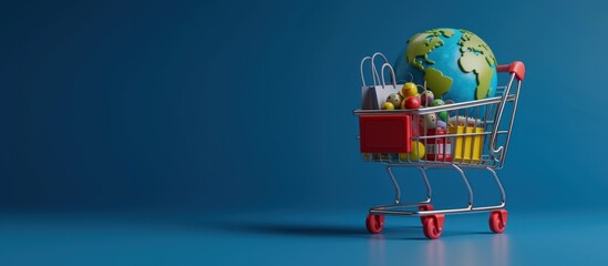3D Render a globe on shopping cart in plastic cartoon style Illustration. AI generated image
