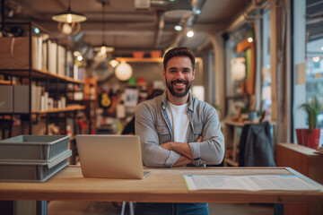 Fototapeta premium Happy Caucasian young male freelancer smiling while working in the laptop and seated in a charming place, vintage lighting interior, smiling boy wearing casual dress and looking at camera
