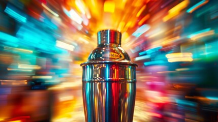 A cocktail shaker in motion, creating a mesmerizing blur of colors and ingredients
