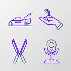 Set line Flower, Gardening handmade scissors for trimming, Sprout of environmental protection and Lawn mower icon. Vector