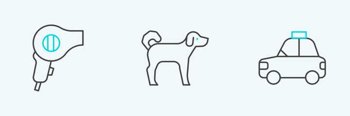 Set line Pet car taxi, Hair dryer and Dog icon. Vector