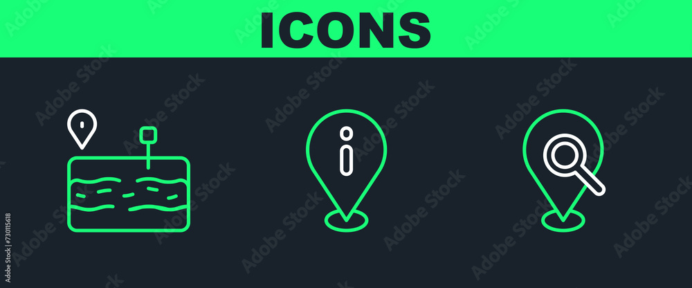 Poster set line search location, broken road and location with information icon. vector