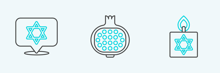 Set line Burning candle, Star of David and Pomegranate icon. Vector