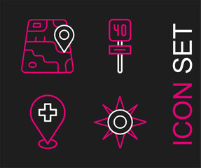 Set line Wind rose, Medical location with cross, Road traffic sign and City map navigation icon. Vector