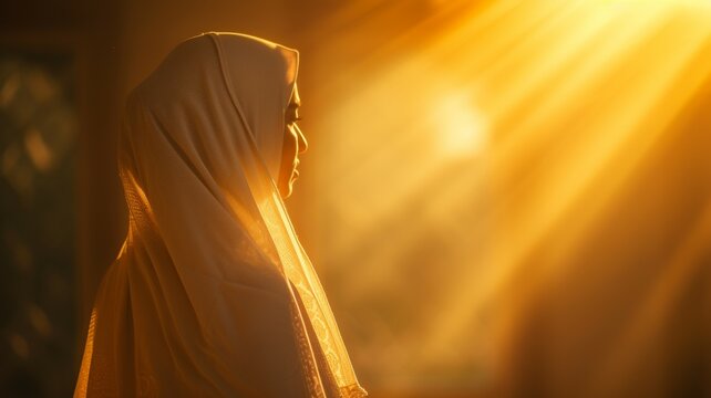 Closeup profile shoot of young attractive female silhouette in hijab looking forward being turned to the side
