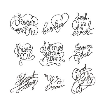 Mood inscription set, inspirational lettering continuous line drawing, calligraphy text small tattoo, print for clothes, t-shirt, emblem or logo design, handwritten inscription, isolated vector.