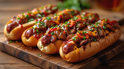 super bowl hot dogs, delicious hotdog, served on wooden plate