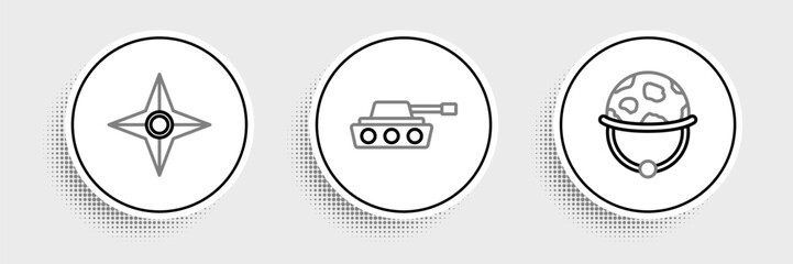 Set line Military helmet, Japanese ninja shuriken and tank icon. Vector