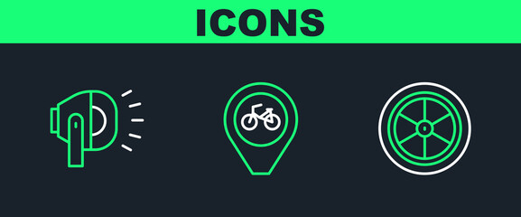 Fototapeta na wymiar Set line Bicycle wheel, head lamp and Location with bicycle icon. Vector